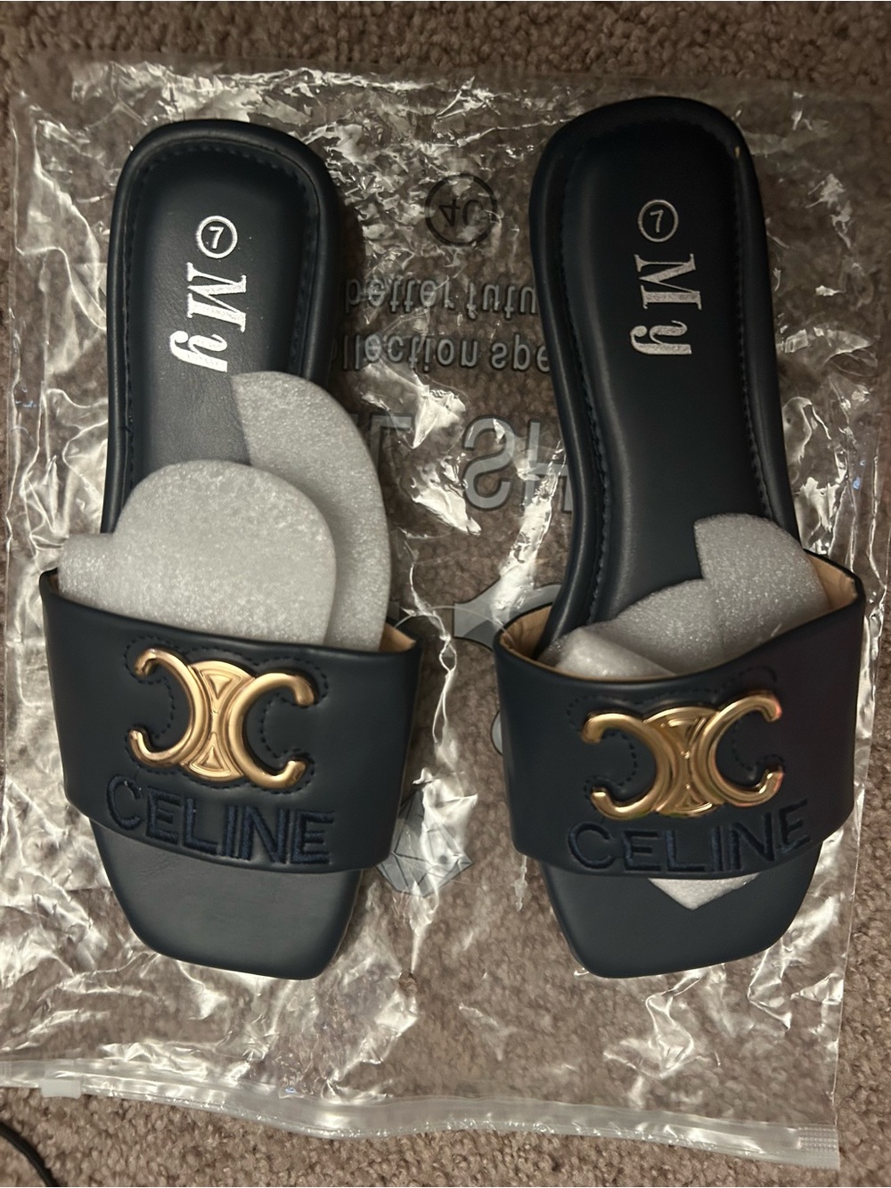 Celine Navy Slide Sandals with Gold Triomphe